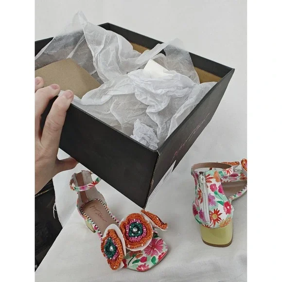 Betsey Johnson Floral Ankle-Strap Sandals with Orange Crochet Flowers - Picture 12 of 14